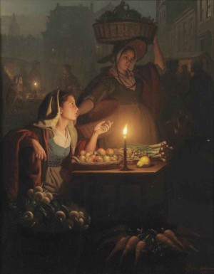 A busy night market with a vegetable stall